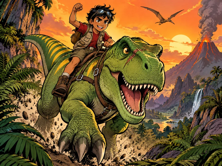 Arjun, 9, riding his T-rex in comic style