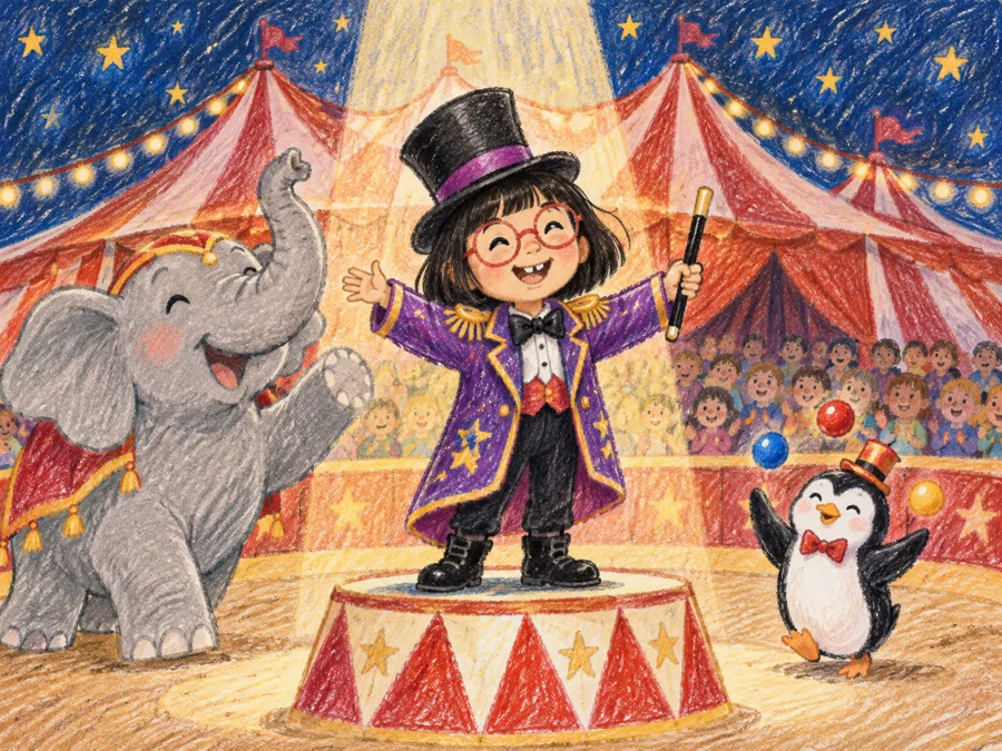 Hana, 5, as the ringmaster of a circus, drawn in crayon