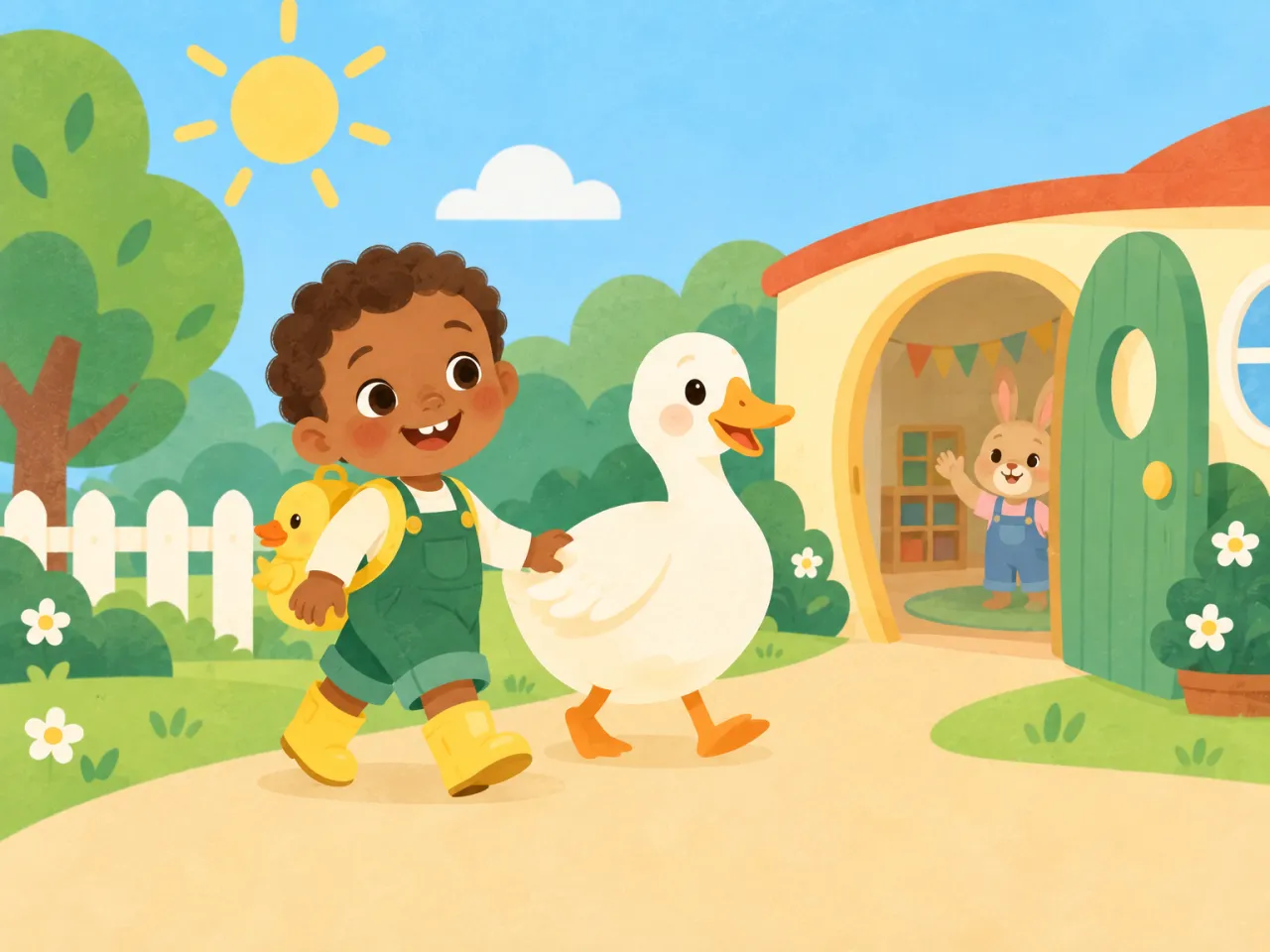 Kofi, 2, walked to nursery by a paper duck, in paper-cut style