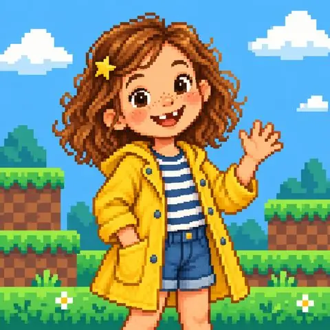 Mia, one of our sample heroes, painted in the Pixel art style